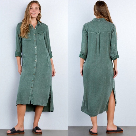 Billy T Dresses & Skirts - Billy T Womens Pine Green Long Sleeve Button Up City 2-Way Shirt Dress Size M